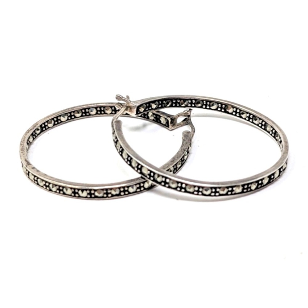 Suspicion 925 Thailand Sterling Silver Marcasite Hoop Earrings Inside Outside